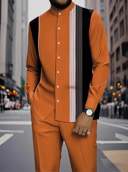 Men's Casual Printed Ethnic-Style Stand-Collar Shirt and Trousers Set