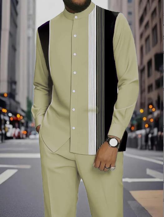 Men's Casual Printed Ethnic-Style Stand-Collar Shirt and Trousers Set