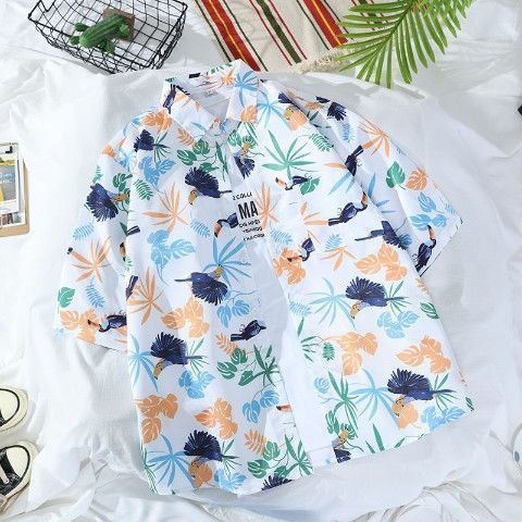 Large men's loose short sleeved shirt, Hawaiian beach flower shirt, harbor style retro shirt jacket, men's clothing