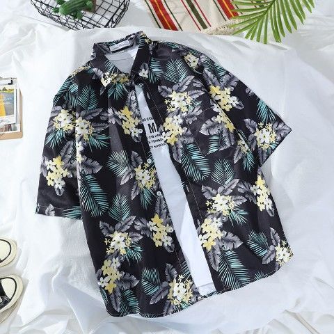 Large men's loose short sleeved shirt, Hawaiian beach flower shirt, harbor style retro shirt jacket, men's clothing