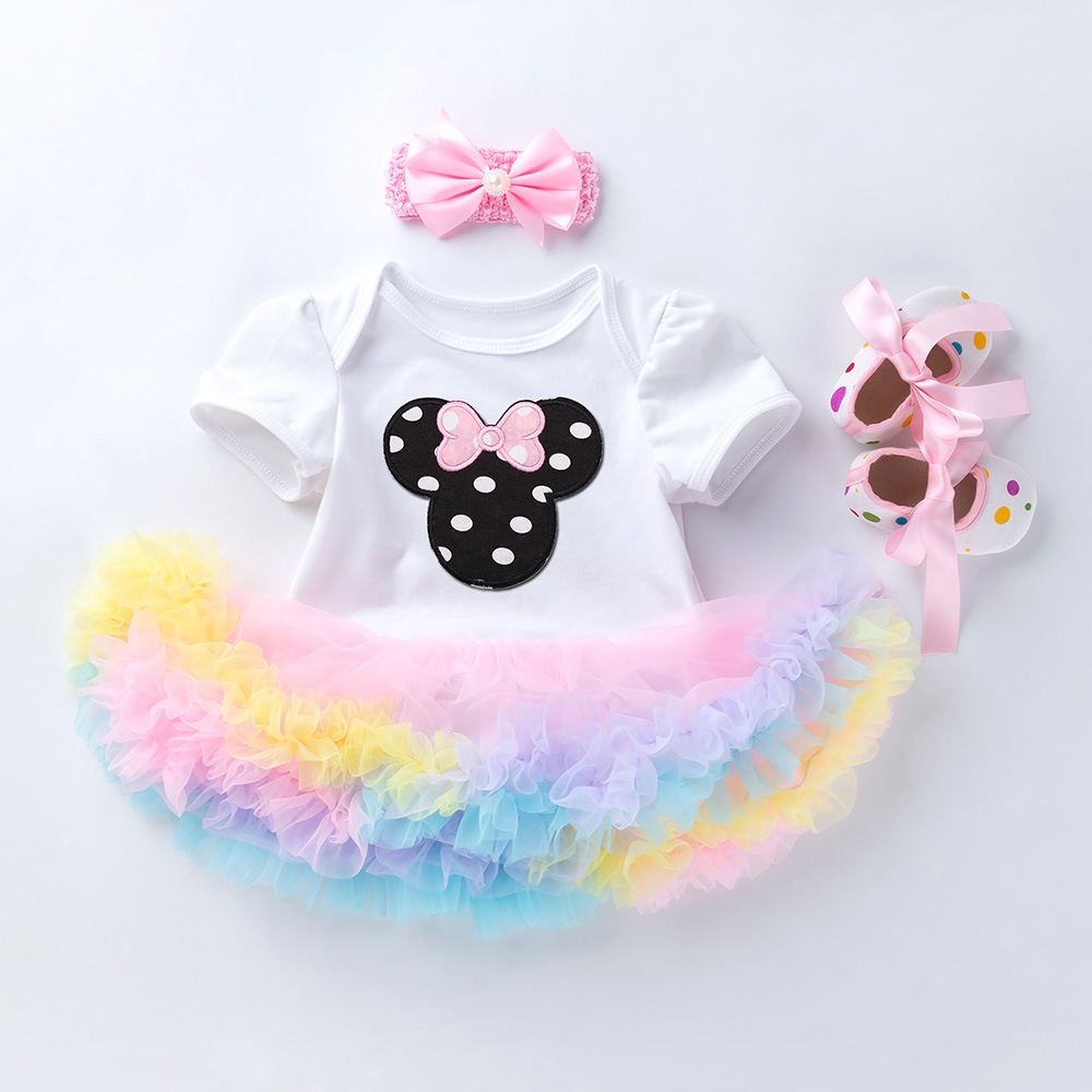 3-piece birthday outfit set for baby girls: short-sleeved romper dress, first birthday dress, and toddler shoes