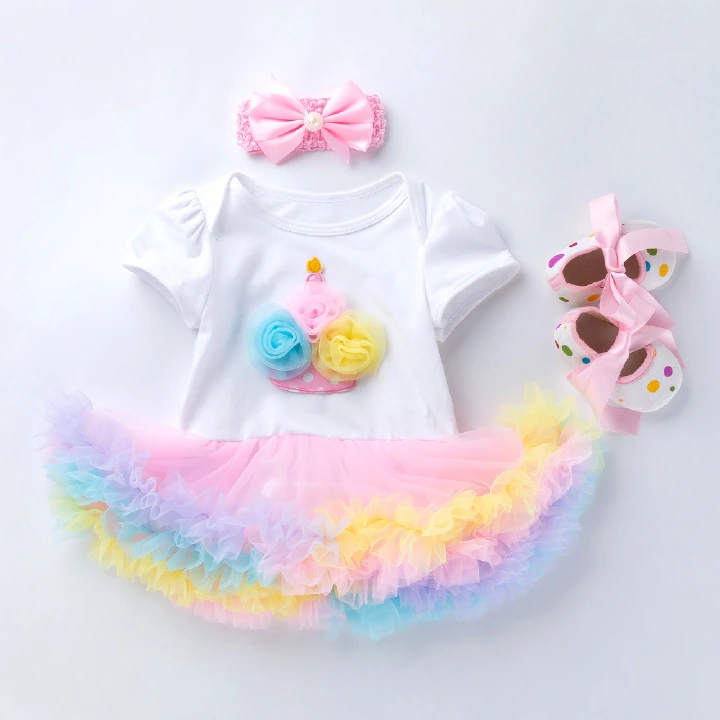 3-piece birthday outfit set for baby girls: short-sleeved romper dress, first birthday dress, and toddler shoes