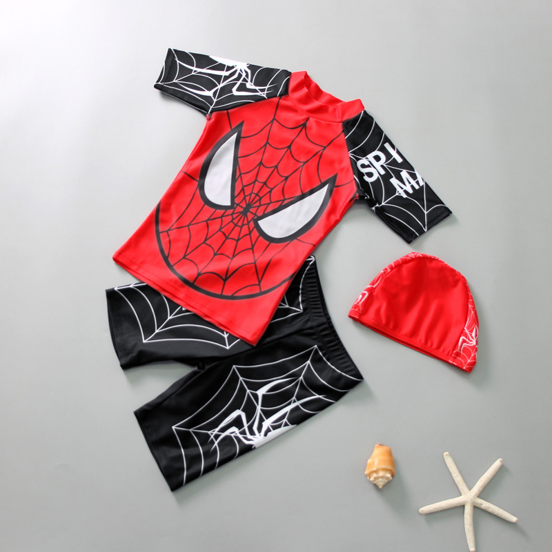 Boys' Swimwear: Two-piece Boxer Shorts for Young Boys – Cartoon Spider Web Design – Boys' Hot Spring Sun Protection Swim Set