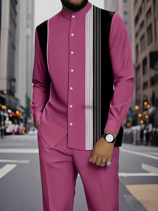 Men's Casual Printed Ethnic-Style Stand-Collar Shirt and Trousers Set