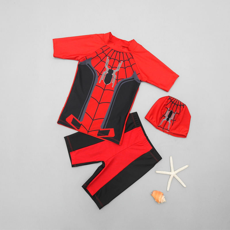 Boys' Swimwear: Two-piece Boxer Shorts for Young Boys – Cartoon Spider Web Design – Boys' Hot Spring Sun Protection Swim Set