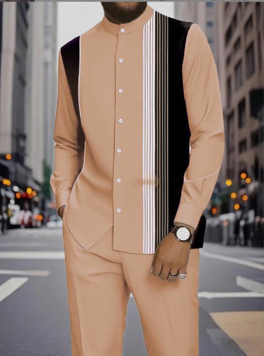 Men's Casual Printed Ethnic-Style Stand-Collar Shirt and Trousers Set