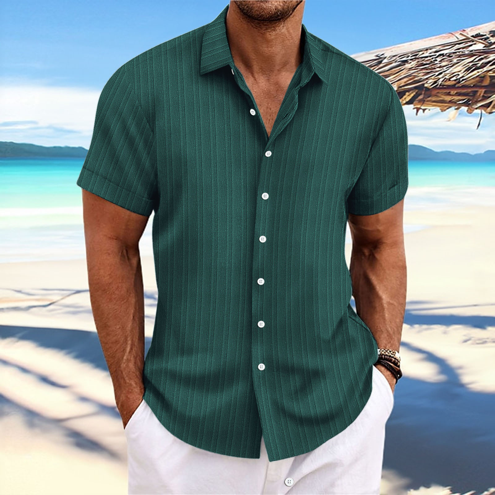 Men's casual non ironing short sleeved shirt, business work shirt, cotton linen jacquard shirt, men's clothing