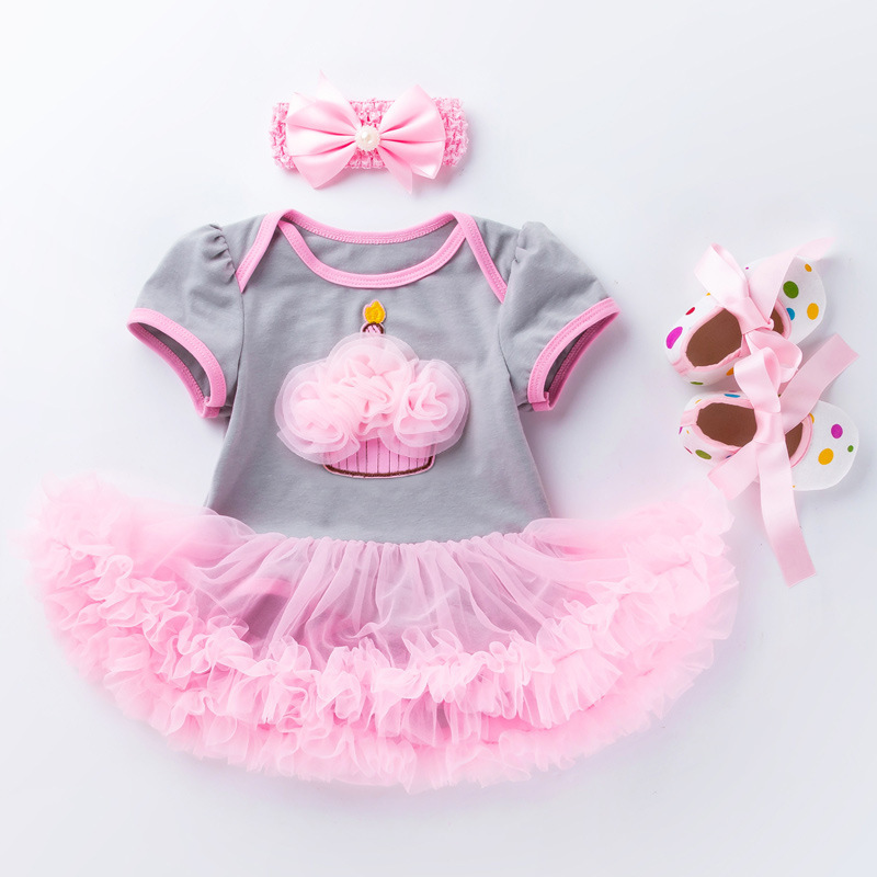 3-piece birthday outfit set for baby girls: short-sleeved romper dress, first birthday dress, and toddler shoes