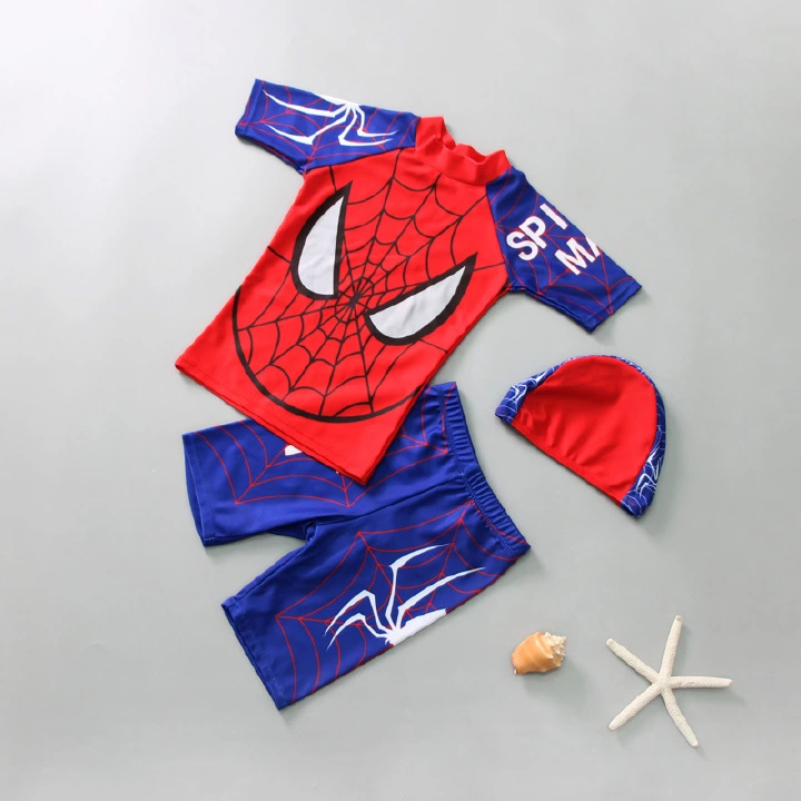 Boys' Swimwear: Two-piece Boxer Shorts for Young Boys – Cartoon Spider Web Design – Boys' Hot Spring Sun Protection Swim Set