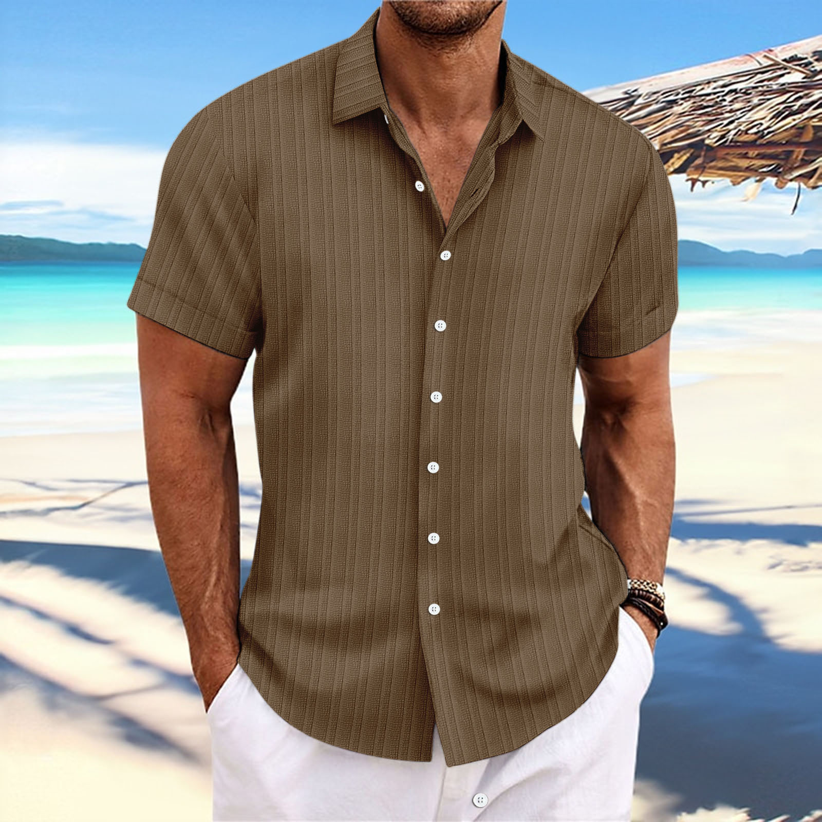 Men's casual non ironing short sleeved shirt, business work shirt, cotton linen jacquard shirt, men's clothing