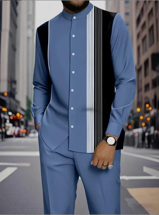 Men's Casual Printed Ethnic-Style Stand-Collar Shirt and Trousers Set