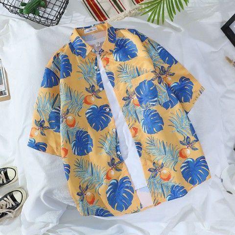 Large men's loose short sleeved shirt, Hawaiian beach flower shirt, harbor style retro shirt jacket, men's clothing