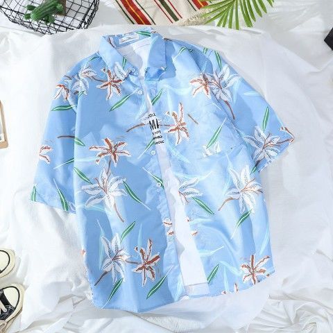 Large men's loose short sleeved shirt, Hawaiian beach flower shirt, harbor style retro shirt jacket, men's clothing