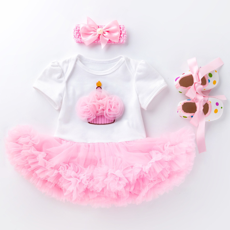 3-piece birthday outfit set for baby girls: short-sleeved romper dress, first birthday dress, and toddler shoes