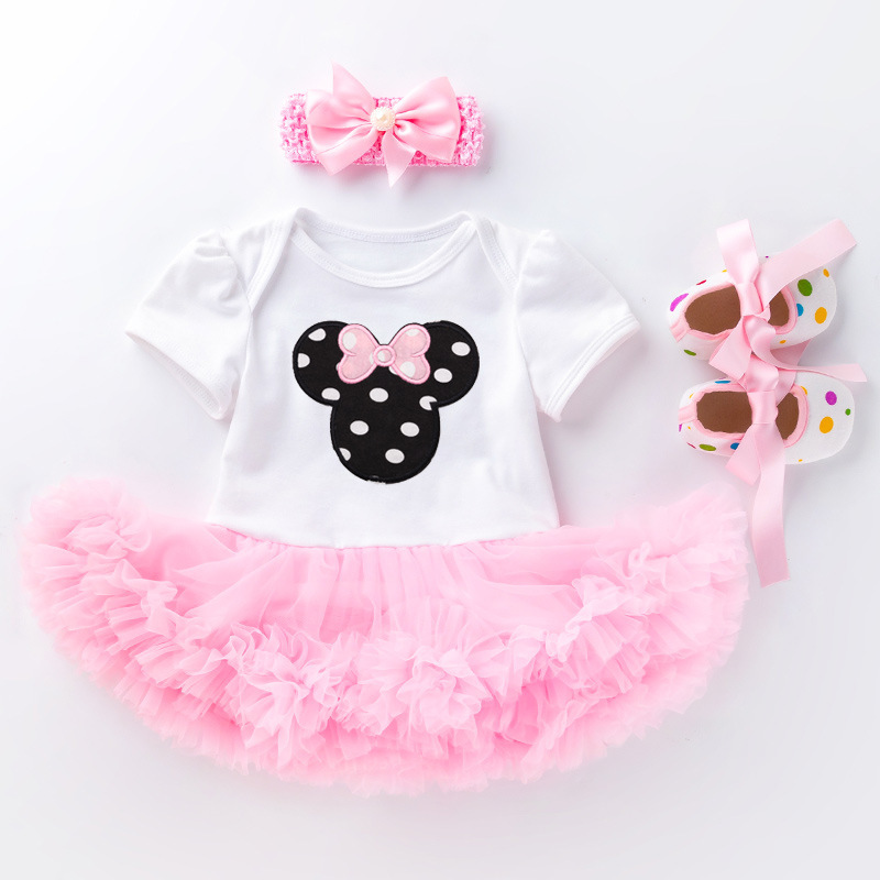 3-piece birthday outfit set for baby girls: short-sleeved romper dress, first birthday dress, and toddler shoes
