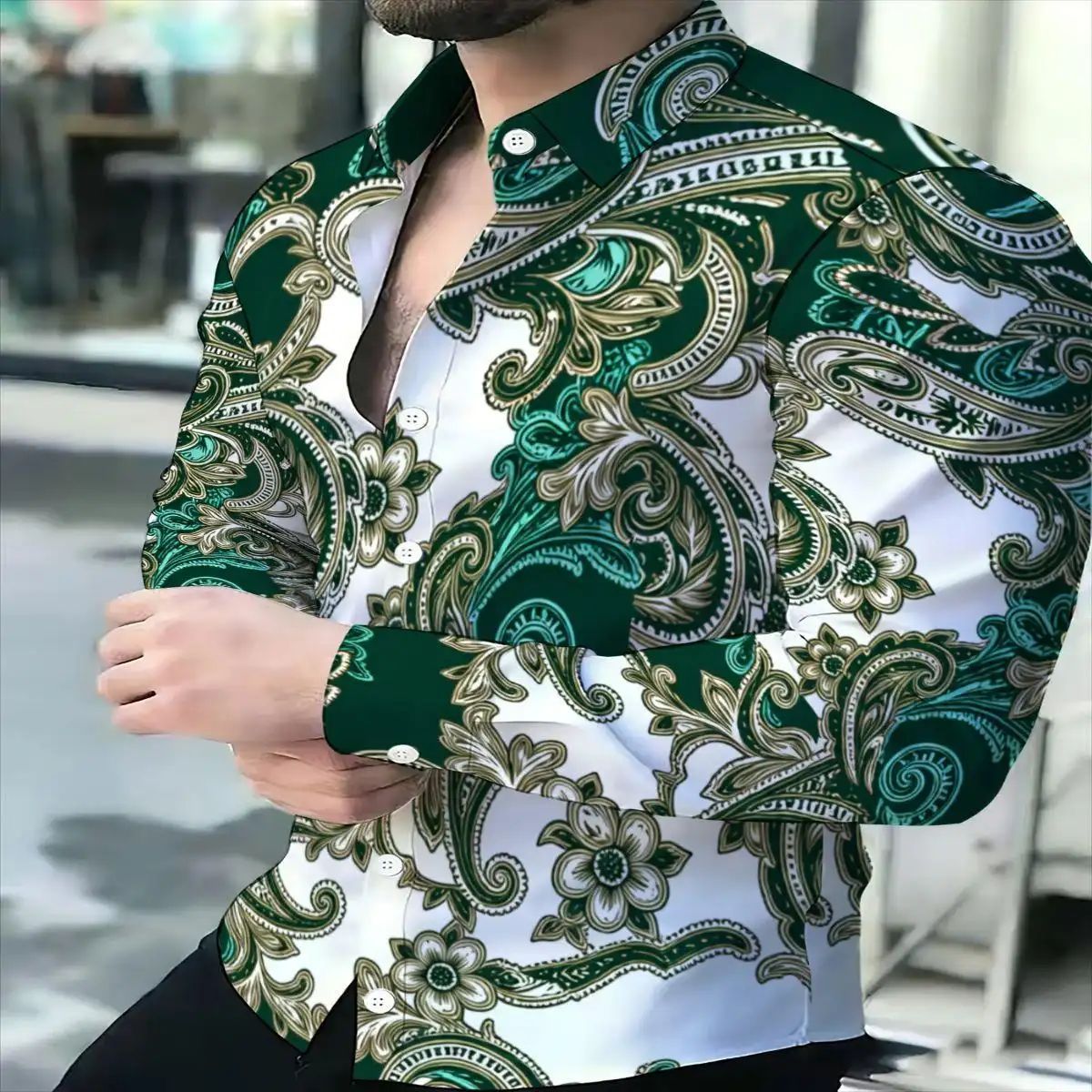 Men’s Shirts – Plus Size Long-Sleeved Printed Shirt – Men’s Top