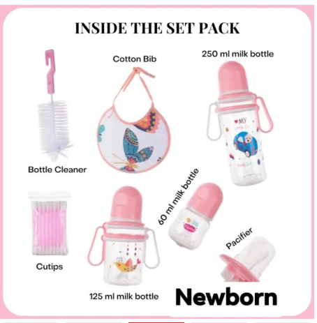 7pcs Baby Feeding Set  A full feeding kit that includes two feeding bottles, a bib, bottle cleaning brushes, ear buds, and a baby pacifier. Made with baby-friendly materials and convenient accessories