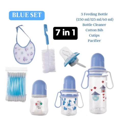 7pcs Baby Feeding Set  A full feeding kit that includes two feeding bottles, a bib, bottle cleaning brushes, ear buds, and a baby pacifier. Made with baby-friendly materials and convenient accessories
