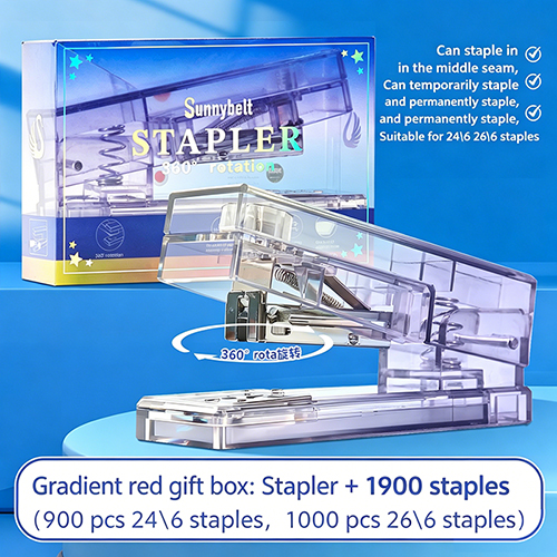 360° Rotatable Transparent Gradient Stapler Kit, 25 Sheets Capacity with 1900pcs 24/6 & 26/6 Staples, One-Finger Press Stapler for School, Office & Home