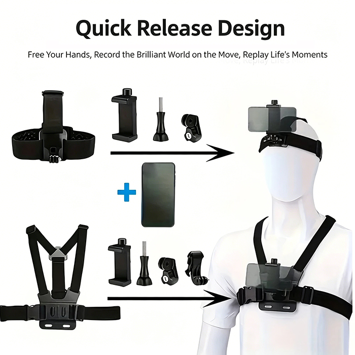 Head & Chest Strap Phone Mount, Hands-Free POV Video Camera Holder, Adjustable Strap.360° Rotation Adjustable Headband & Chest Harness for 4.7-7.12" Smartphones, Perfect for Outdoor Sports, Cycling
