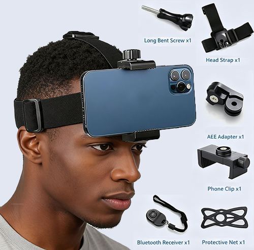 Head mounted phone holder suitable for smartphones and sports cameras, outdoor live streaming stand for first person video viewing, with phone clip (6-10cm)