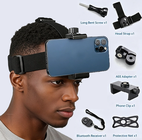 Head mounted phone holder suitable for smartphones and sports cameras, outdoor live streaming stand for first person video viewing, with phone clip (6-10cm)