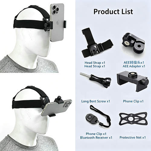 Head mounted phone holder suitable for smartphones and sports cameras, outdoor live streaming stand for first person video viewing, with phone clip (6-10cm)