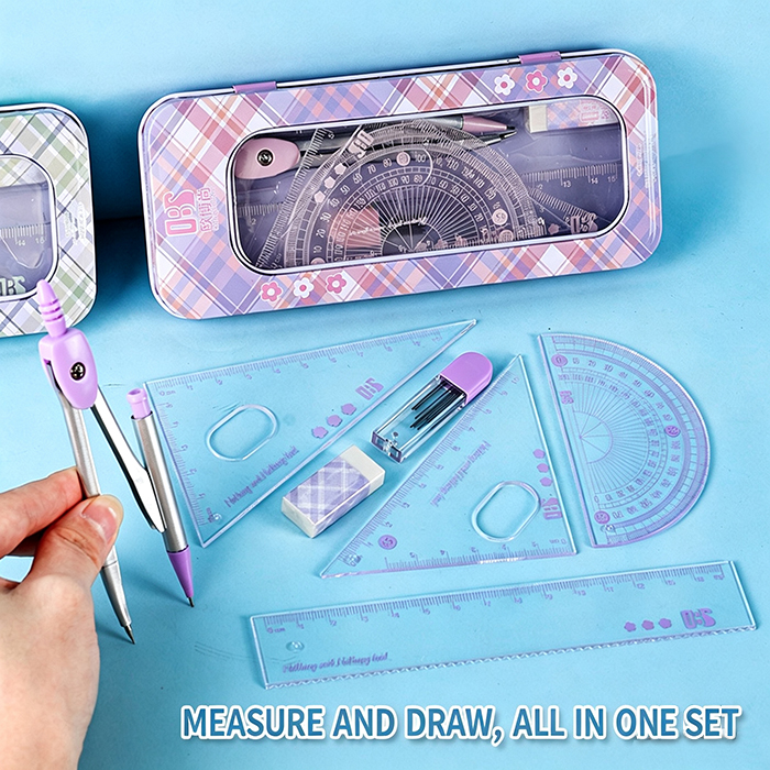 8 Pcs Purple Geometry Set Cute Compass Set with Maths Protractor Rulers, Math Set for Drawing Measuring Tools, Kawaii Ruler Kit for Class   School Supplies