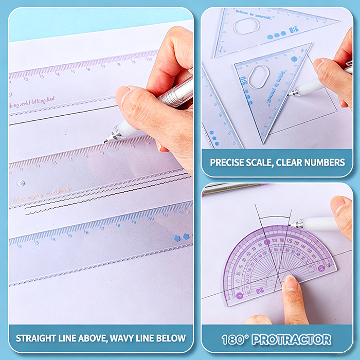 8 Pcs Purple Geometry Set Cute Compass Set with Maths Protractor Rulers, Math Set for Drawing Measuring Tools, Kawaii Ruler Kit for Class   School Supplies