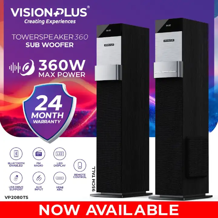 Vision Plus VP2080TS 360W Tower Speaker – Handcrafted Wood Cabinet, Dual 8" Subwoofers, Bluetooth, HDMI, USB, FM Radio, LED Display + 2YRS WRTY