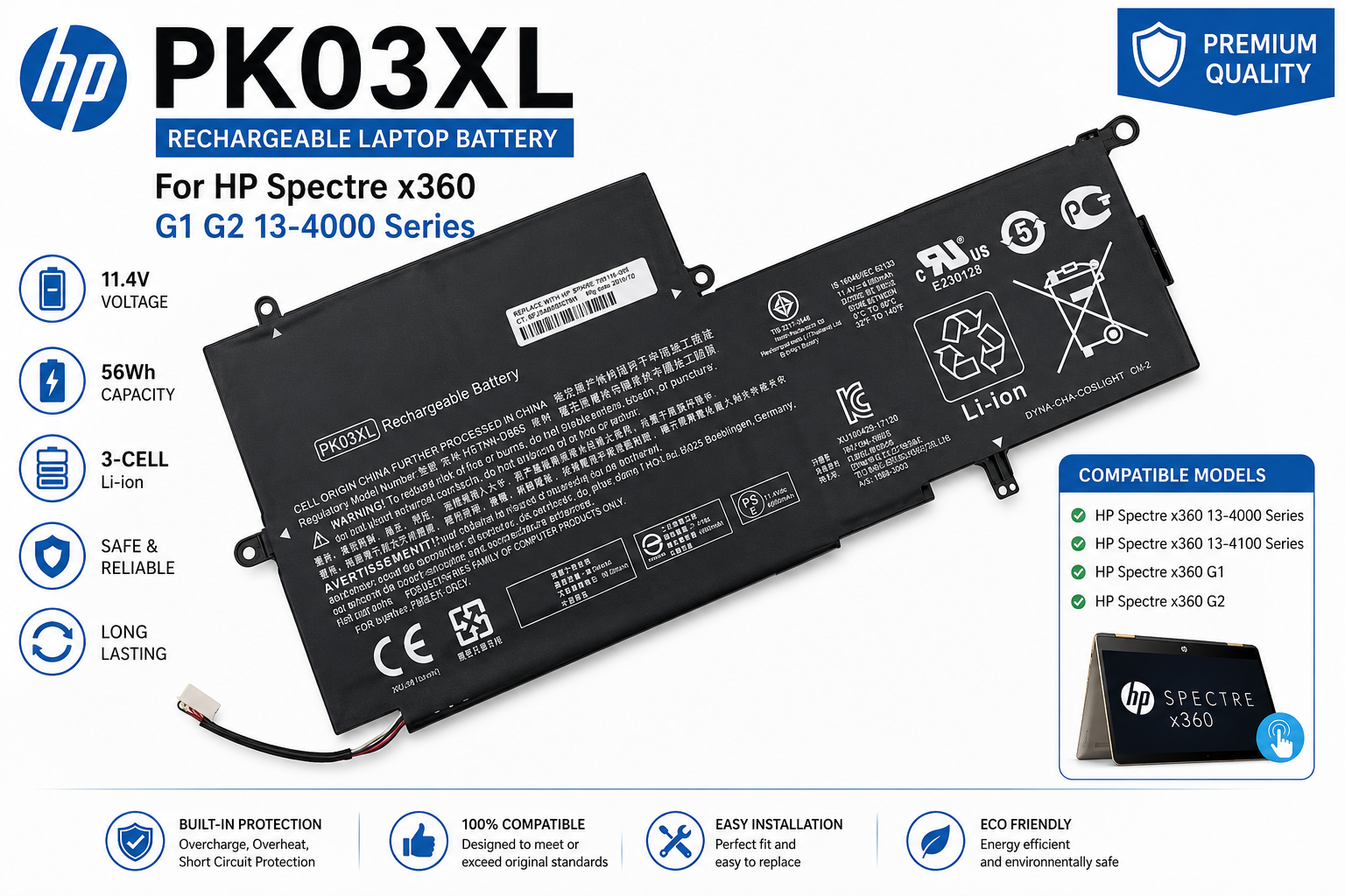 HP PKO3XL for spectre x360 G1 G2 13 4000Series Laptop Battery