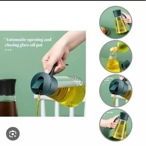 OIL DISPENSER BOTTLE, 630 ML LEAK-PROOF GLASS CONDIMENT JAR WITH AUTOMATIC CAP AND STOPPER, -DRIP SPOUT, ON-SLIP HANDLE FOR KITCHEN COOKING.