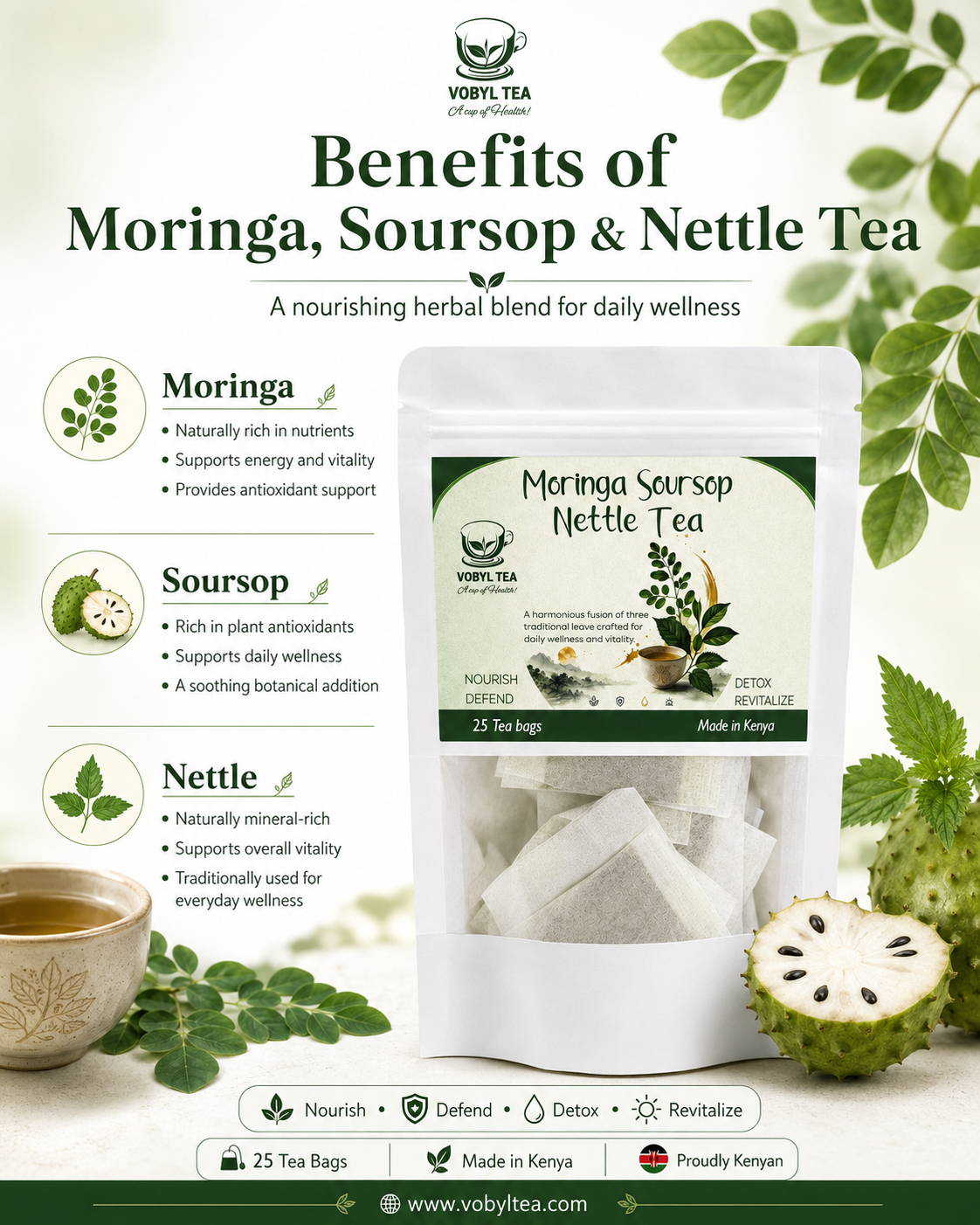 Moringa,Soursop, Nettle tea (This blend is ideal for anyone looking for a gentle, plant-based tea that supports everyday vitality, immunity, and nourishment.mineral support, and natural body balance.)