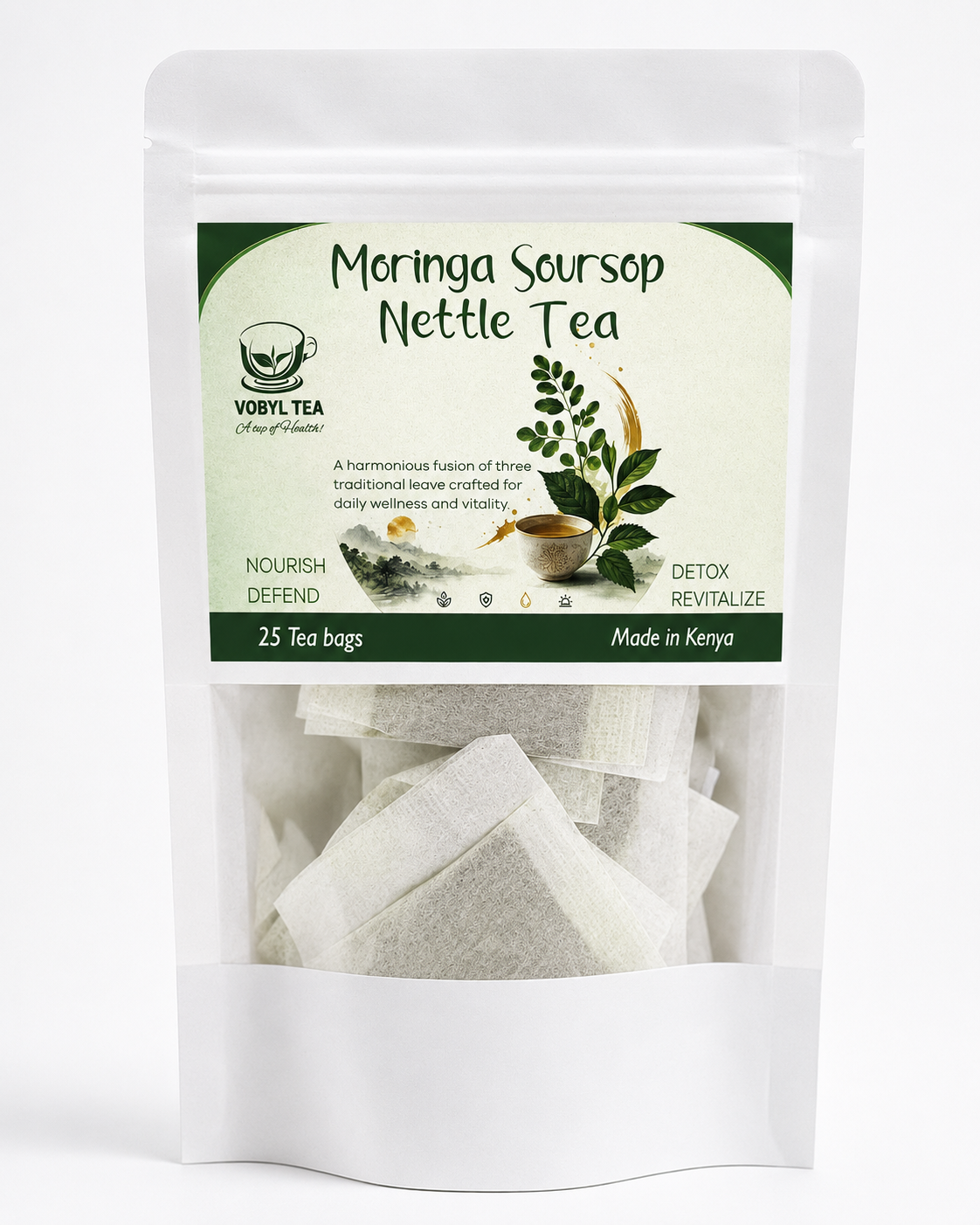 Moringa,Soursop, Nettle tea (This blend is ideal for anyone looking for a gentle, plant-based tea that supports everyday vitality, immunity, and nourishment.mineral support, and natural body balance.)