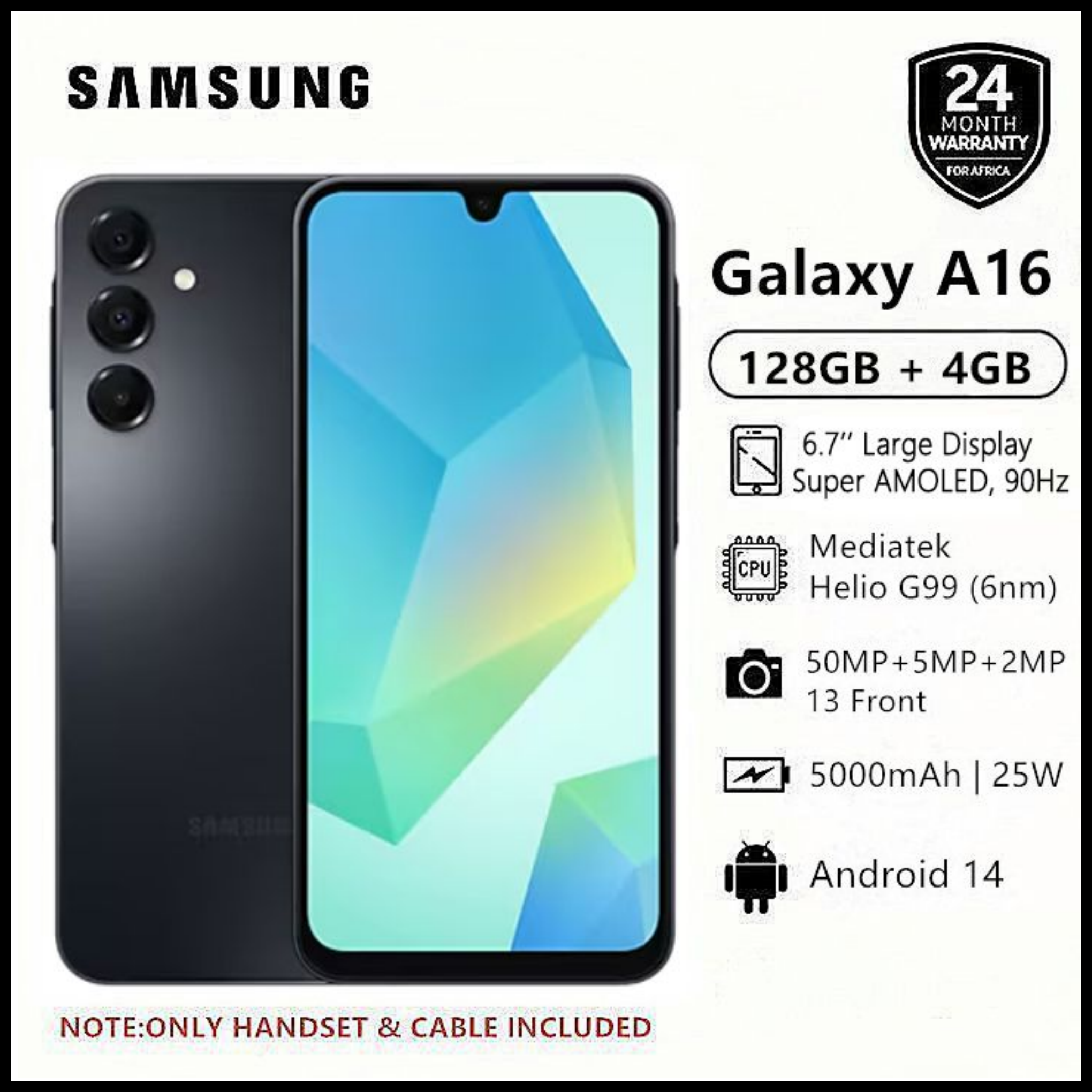 AMAZING DEALS!!Samsung Galaxy A16 128GB+4GB 6.7" Super AMOLED Display 50MP Triple Camera Android 14 Mediatek Helio G99 5000mAh 25W Type-C Charge Samsung A16, A16 Samsung Smart Phones phone