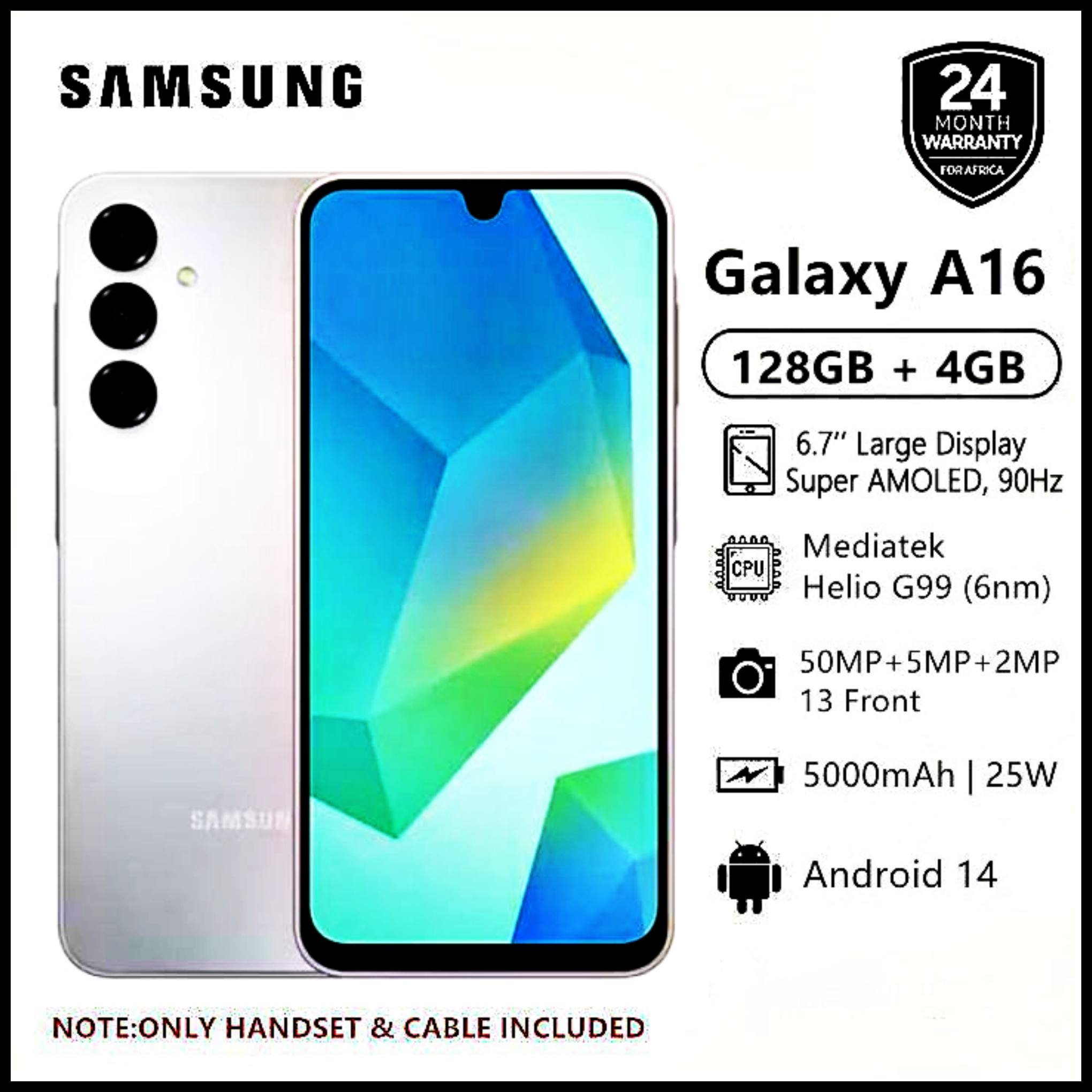 AMAZING DEALS!!Samsung Galaxy A16 128GB+4GB 6.7" Super AMOLED Display 50MP Triple Camera Android 14 Mediatek Helio G99 5000mAh 25W Type-C Charge Samsung A16, A16 Samsung Smart Phones phone