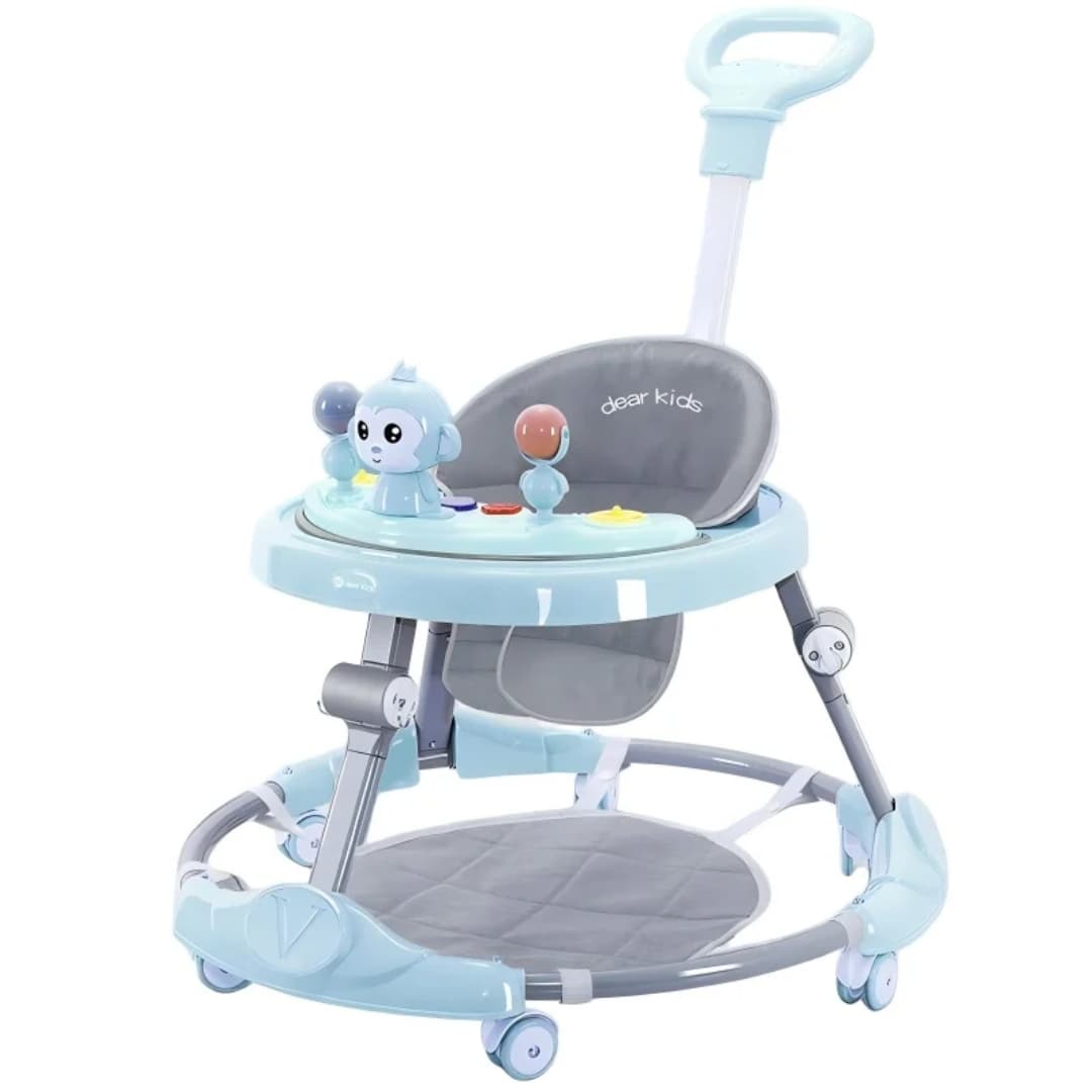 2-in-1 Adjustable Baby Walker with Parent Push Handle & Interactive Musical Toy Tray – Foldable Infant Activity Walker with Padded Seat for Boys & Girls