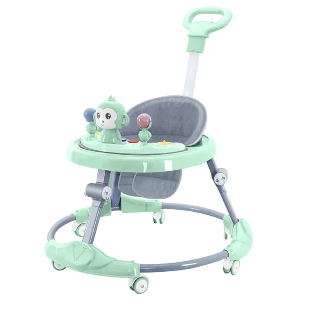 2-in-1 Adjustable Baby Walker with Parent Push Handle & Interactive Musical Toy Tray – Foldable Infant Activity Walker with Padded Seat for Boys & Girls