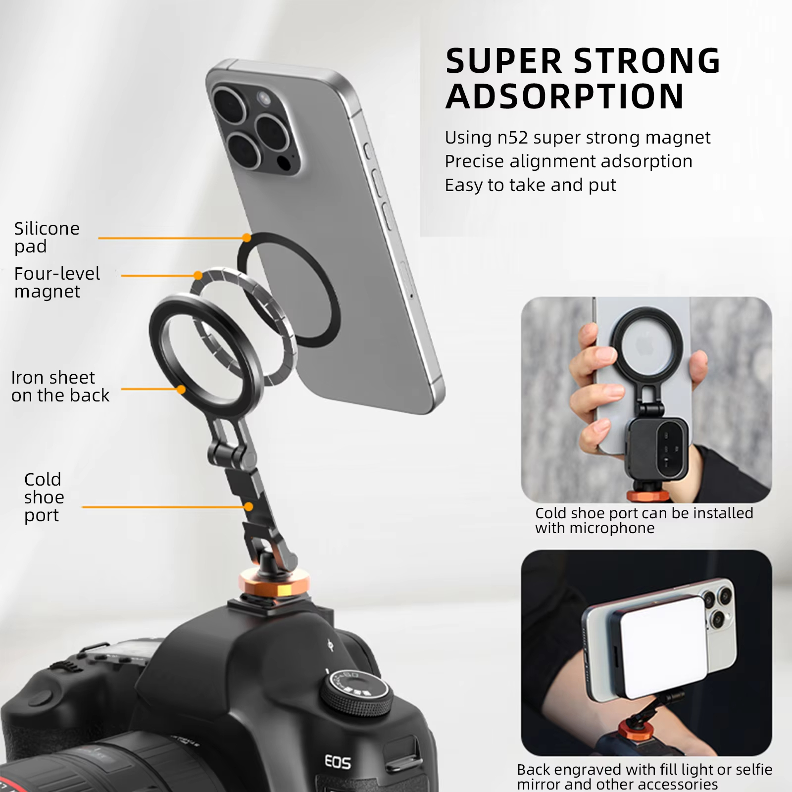 VRIG Magnetic Cold Shoe Mount Phone Holder W 1/4 Phone Tripod Mount for MagSafe iPhone 16 15 14 Samsung Camera Mic Light Monitor