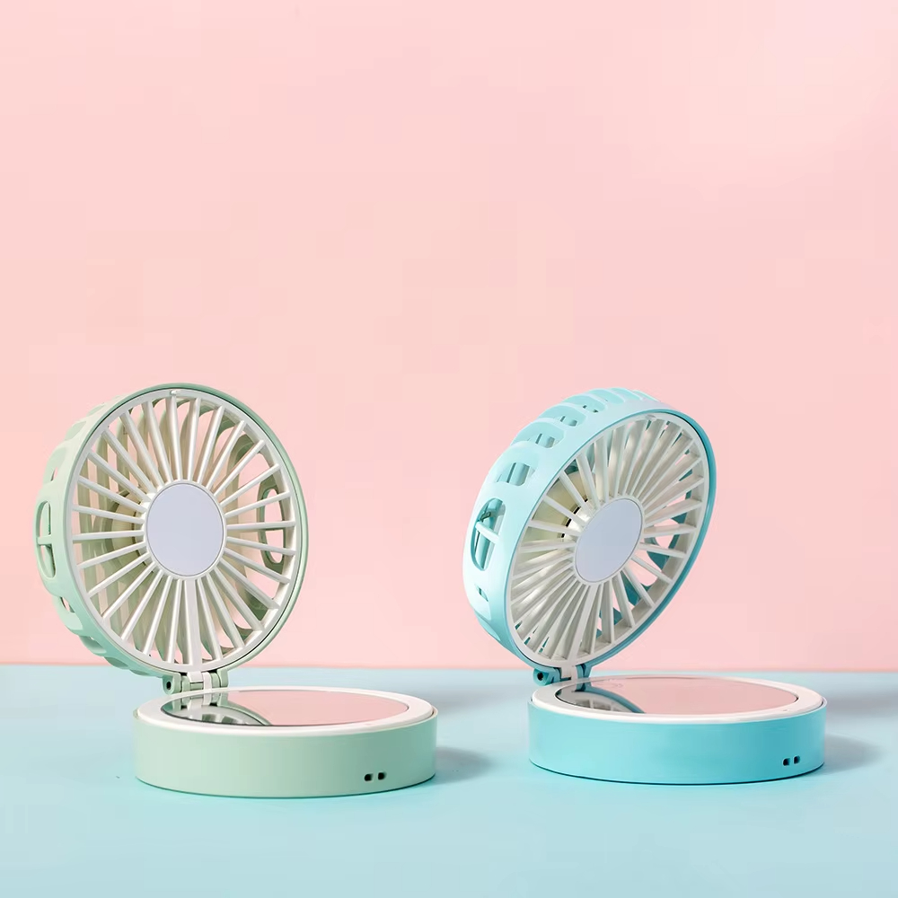 Cartoon fan lanyard mute small fan portable beauty mirror USB rechargeable folding fan gift