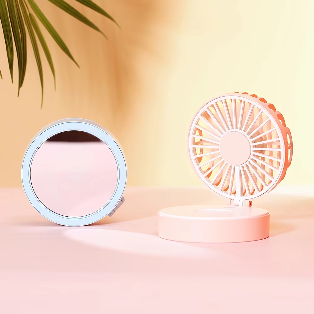 Cartoon fan lanyard mute small fan portable beauty mirror USB rechargeable folding fan gift