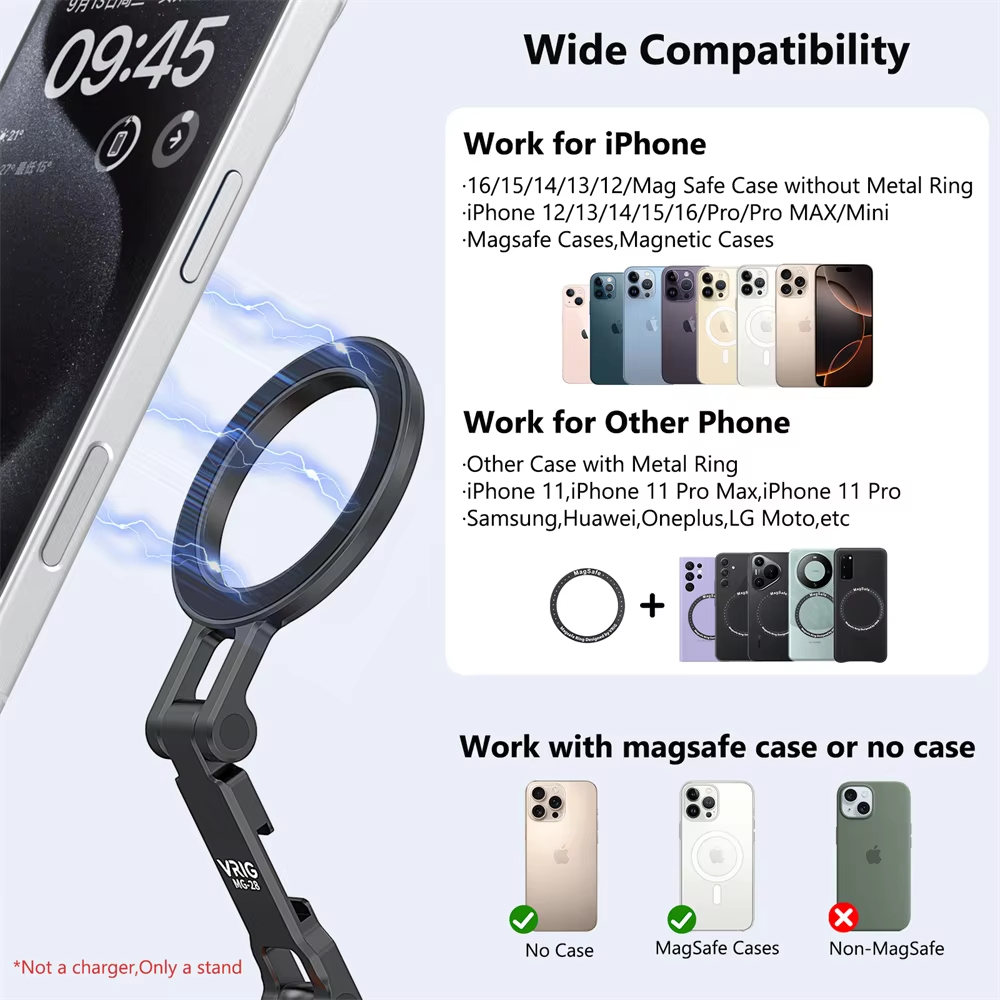 VRIG Magnetic Cold Shoe Mount Phone Holder W 1/4 Phone Tripod Mount for MagSafe iPhone 16 15 14 Samsung Camera Mic Light Monitor