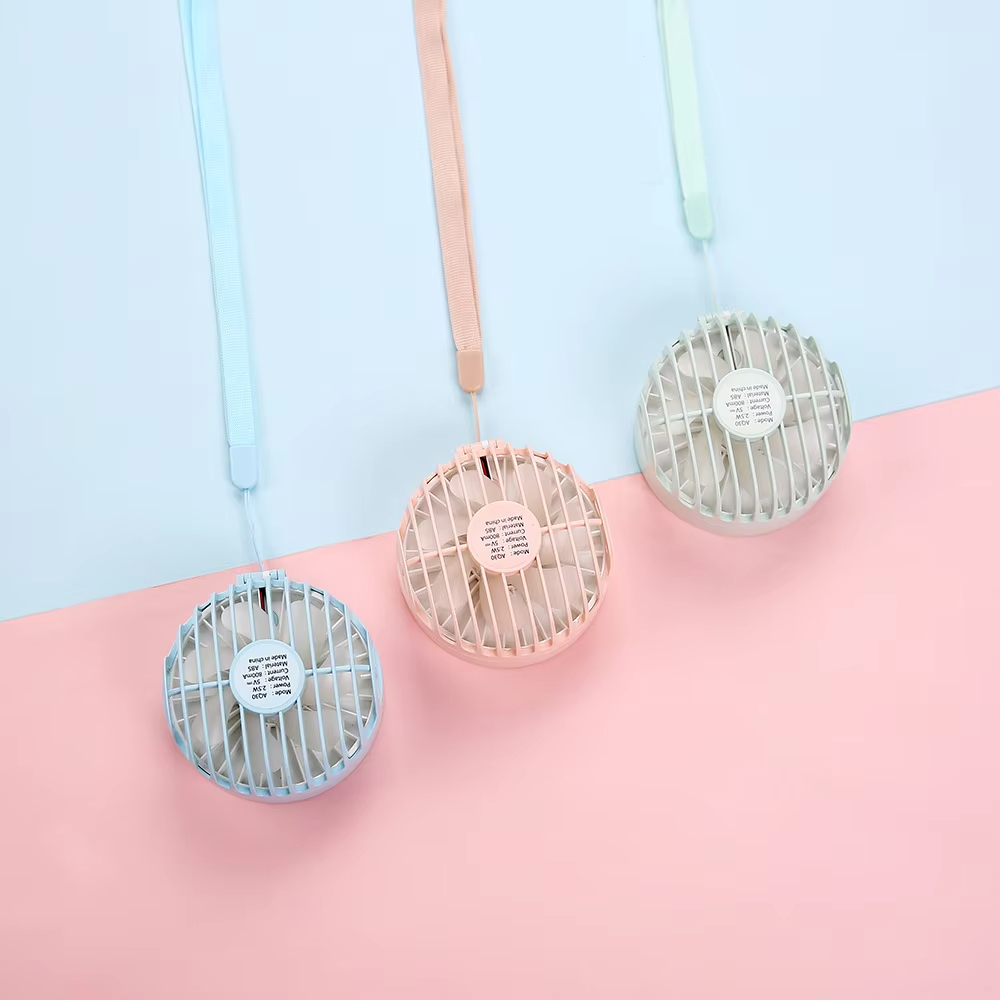 Cartoon fan lanyard mute small fan portable beauty mirror USB rechargeable folding fan gift