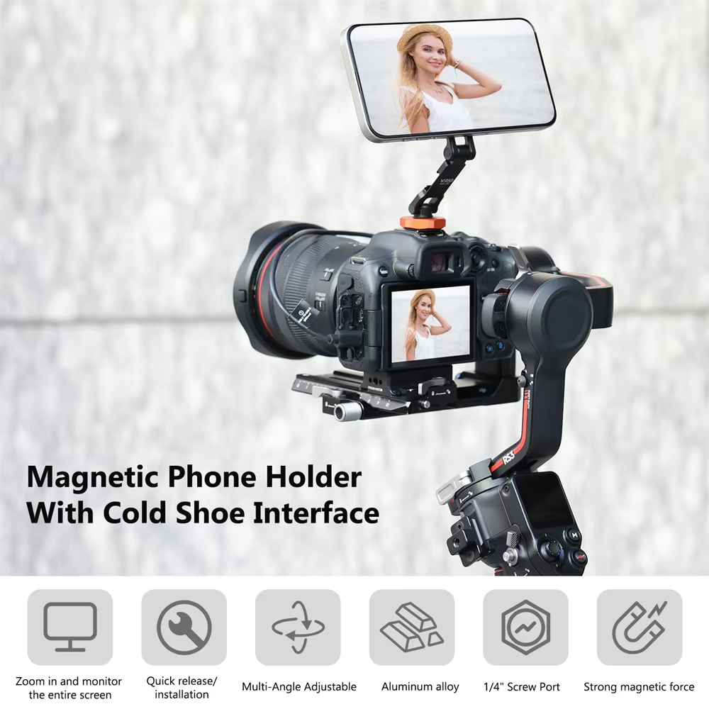 VRIG Magnetic Cold Shoe Mount Phone Holder W 1/4 Phone Tripod Mount for MagSafe iPhone 16 15 14 Samsung Camera Mic Light Monitor