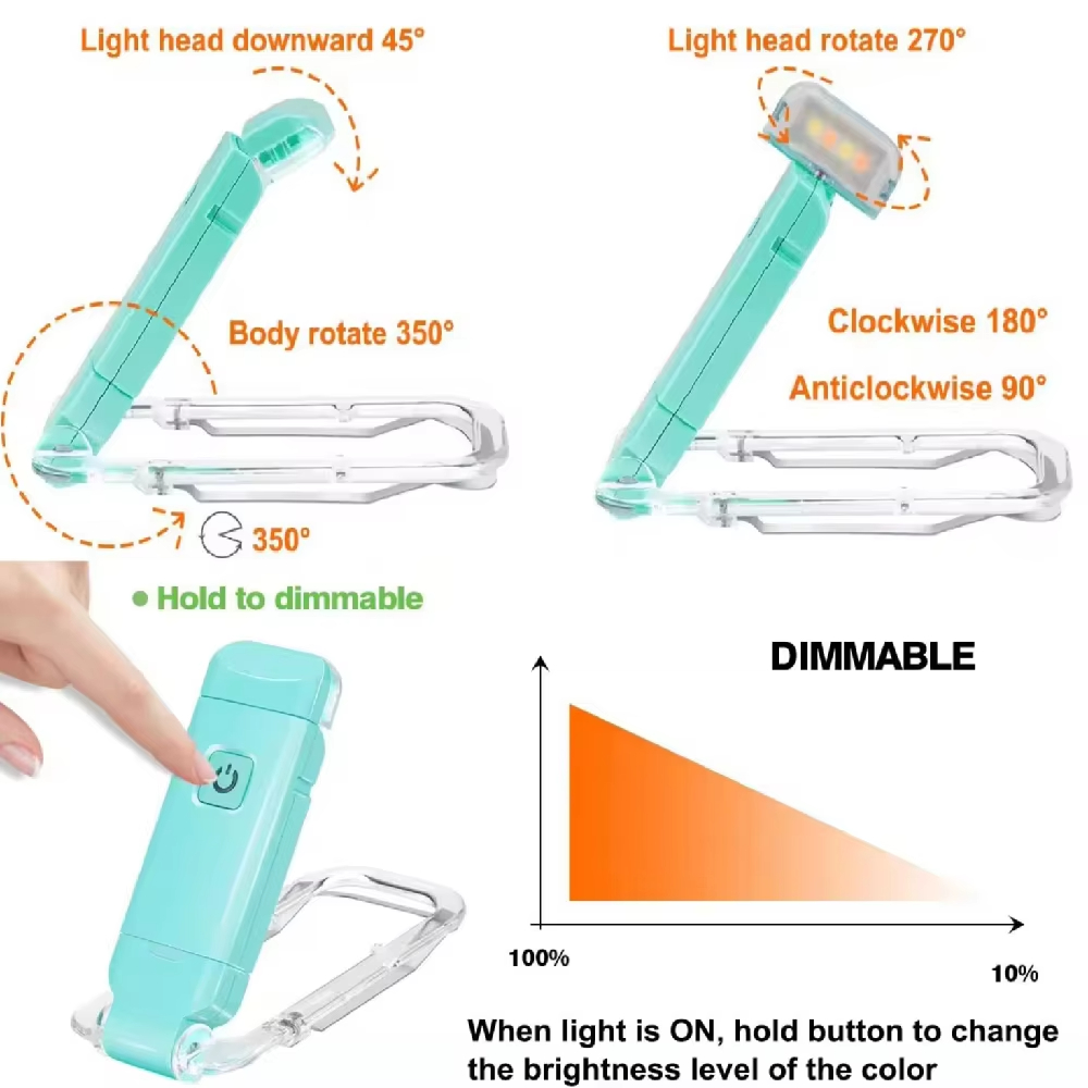 USB rechargeable LED book light with adjustable brightness, clip on bookmark light for eye protection, portable reading light