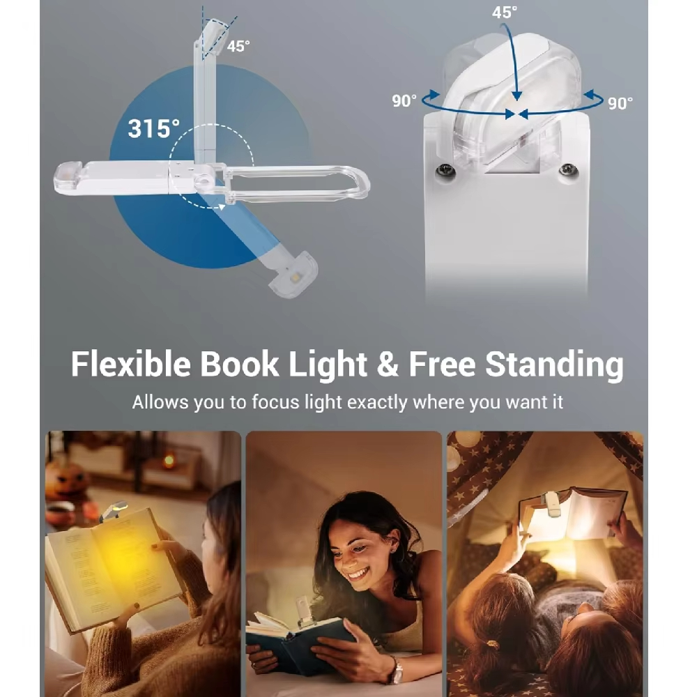 USB rechargeable LED book light with adjustable brightness, clip on bookmark light for eye protection, portable reading light