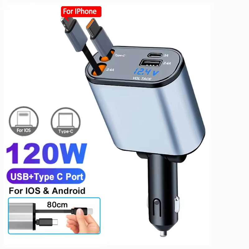 Car Charger Adaptor 120W Fast Charge USB Type C Fast Charger Cable with Retractable Cords Fit for iPhone 16/15/14/13/12 Samsung