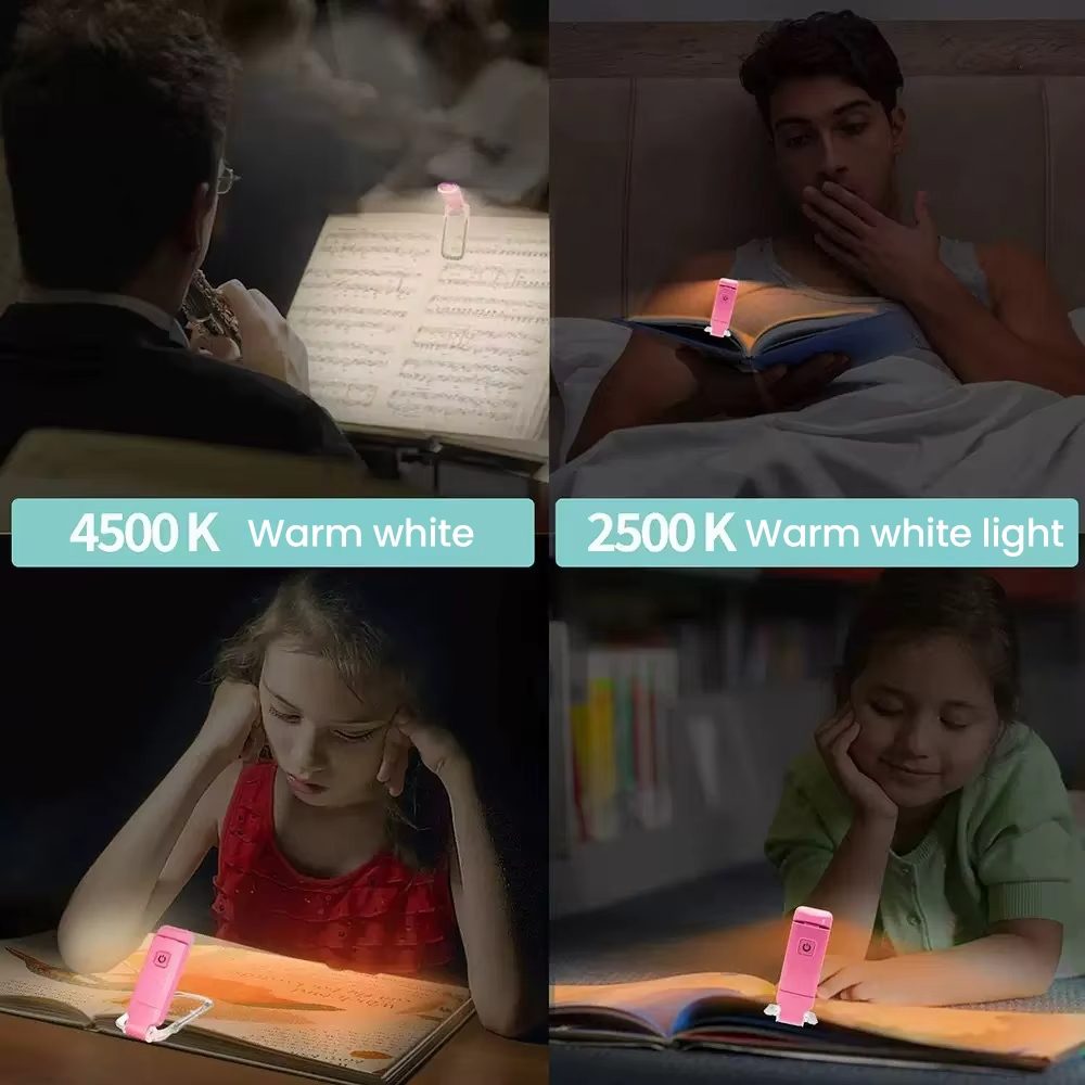 Portable Rechargeable LED Clip On Book Light, 3 Color Dimmable Adjustable Reading Lamp for Bed, Desk, School & Travel