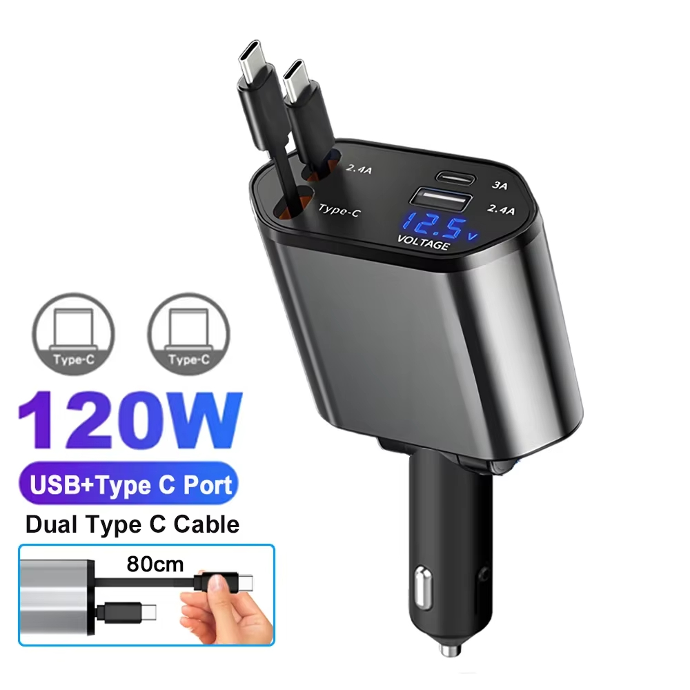 Car Charger Adaptor 120W Fast Charge USB Type C Fast Charger Cable with Retractable Cords Fit for iPhone 16/15/14/13/12 Samsung