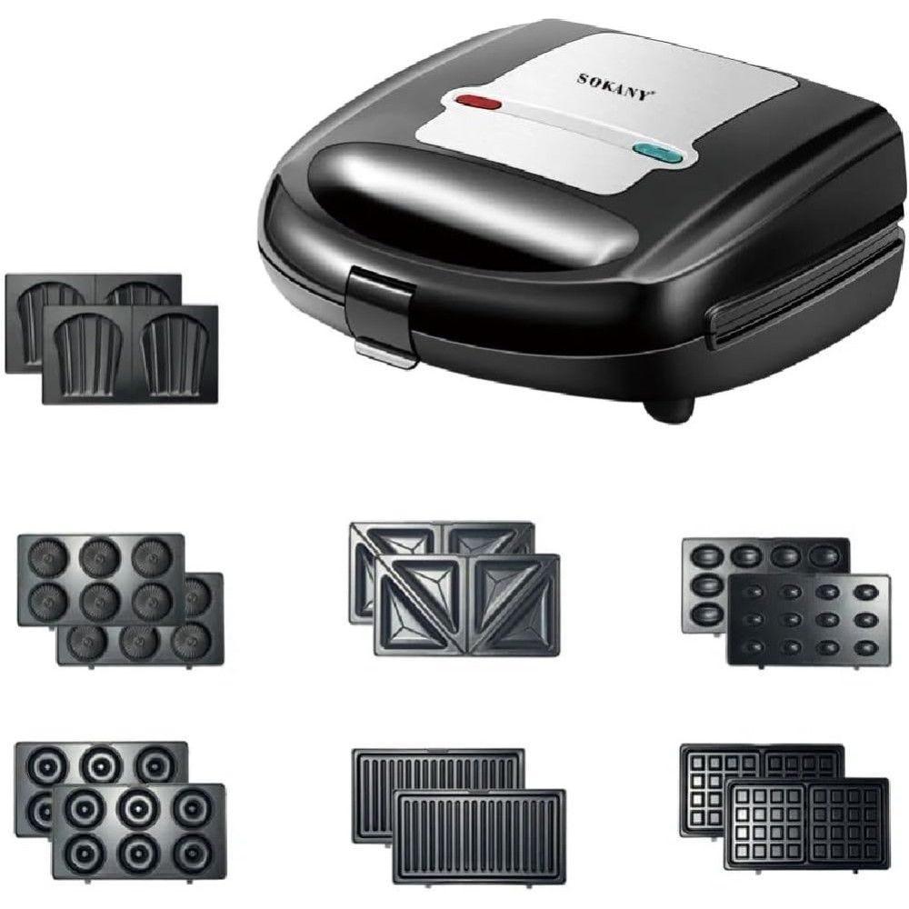 NEW ARRIVAL !!! SOKANY SK-B907 7-in-1 Electric Breakfast Maker Machine 750W Sandwich Toaster Panini Grill Waffle & Donut Maker with Removable Plates - Black